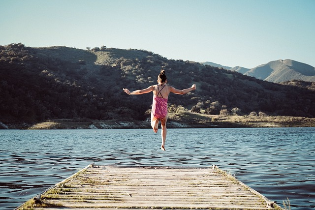 girl, dock, lake