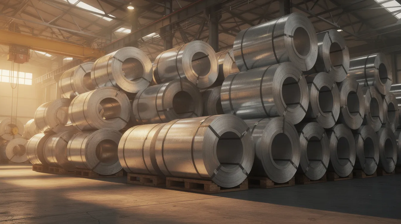 The image shows large steel coils stacked neatly in an industrial warehouse, illuminated by warm lighting. These coils represent various types of rolled steel, including hot rolled and cold formed steel, which are essential raw materials in the construction and automotive industries.