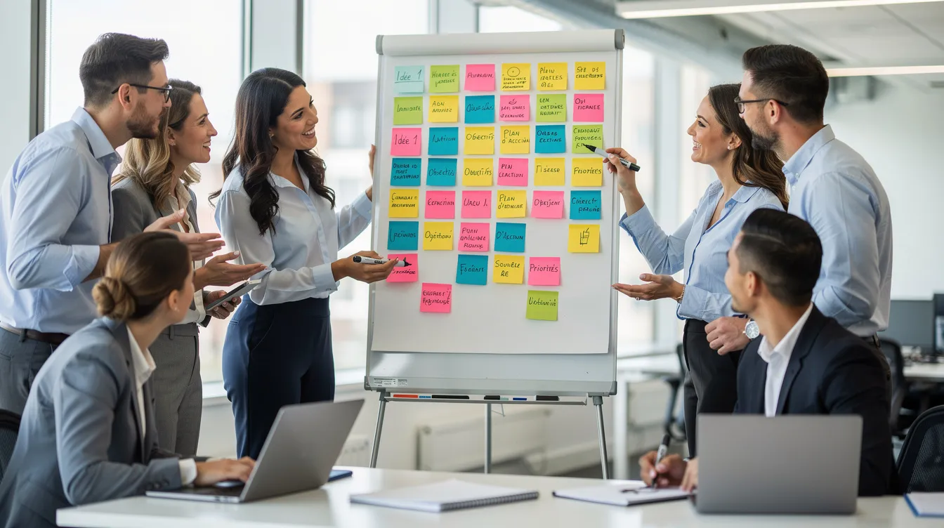 L'image montre un groupe de professionnels en pleine séance de brainstorming autour d'un tableau blanc, où des post-it colorés sont collés, symbolisant l'innovation et la dynamique d'équipe. Les membres de l'équipe échangent des idées, illustrant l'importance de la communication et de la cohésion dans un environnement de travail collaboratif.