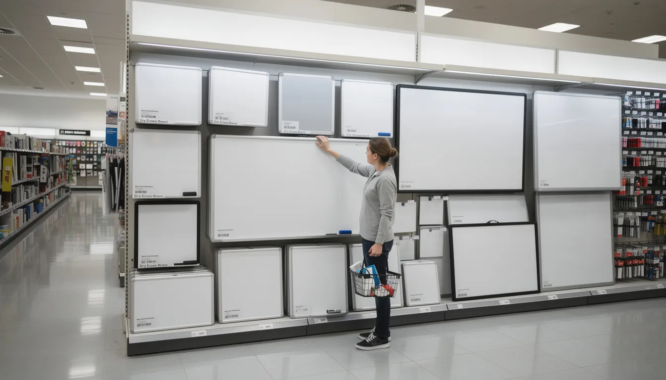 A person is shopping in an office supply store, examining a variety of dry erase boards of different sizes mounted on a display wall, ideal for organizing thoughts and ideas in a workspace or classroom setting. The boards are designed for ease of use with dry erase markers, making them suitable for meetings, teaching, or collaborative projects.