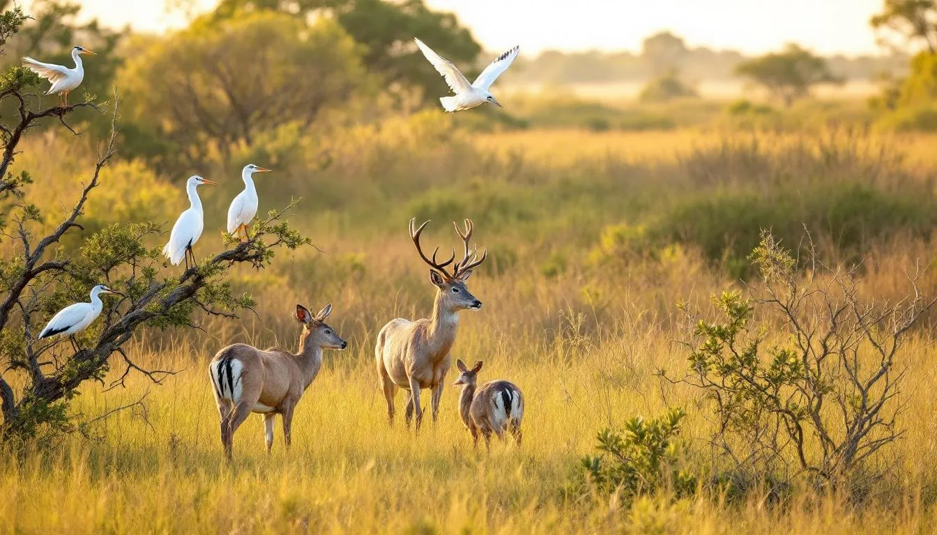 The image showcases the diverse wildlife of Babcock Ranch Preserve in southwest Florida, featuring various birds and deer gracefully inhabiting their natural environment. This vibrant scene highlights the rich biodiversity that residents and visitors can explore in this unique preserve.