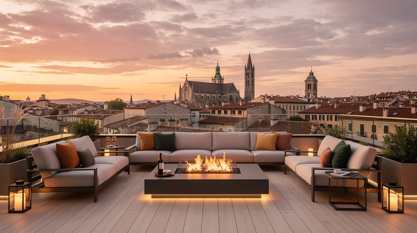 A stylish modern rooftop terrace features comfortable lounge seating, offering stunning panoramic views of a European city at sunset. This inviting space is perfect for relaxing while enjoying the mild weather and the charm of Lisbon, with the Tagus River and historic landmarks like the Lisbon Cathedral visible in the distance.