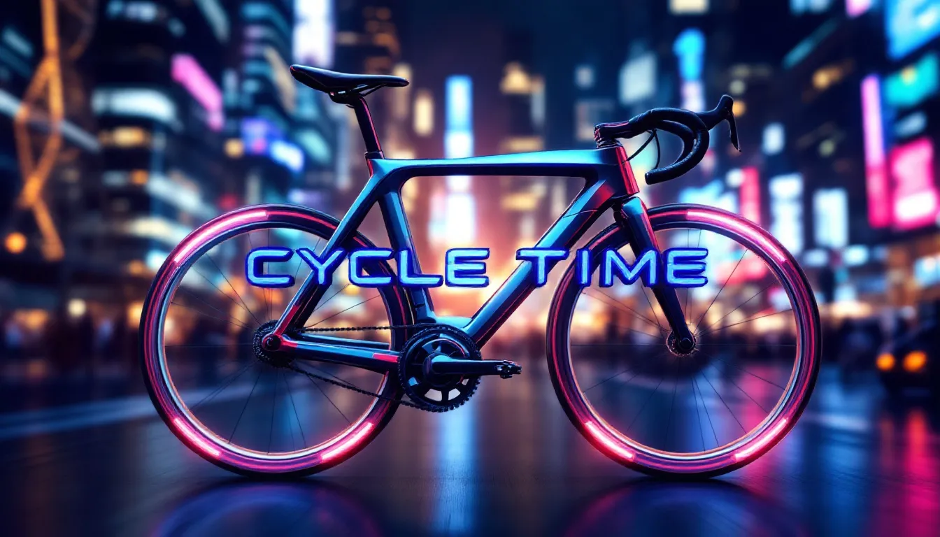 In the image titled "Cycle Time," a manufacturing plant is depicted with various production lines operating efficiently, showcasing key performance indicators like overall equipment effectiveness and production efficiency. The scene highlights the importance of optimizing manufacturing processes to improve customer satisfaction and reduce costs per unit.