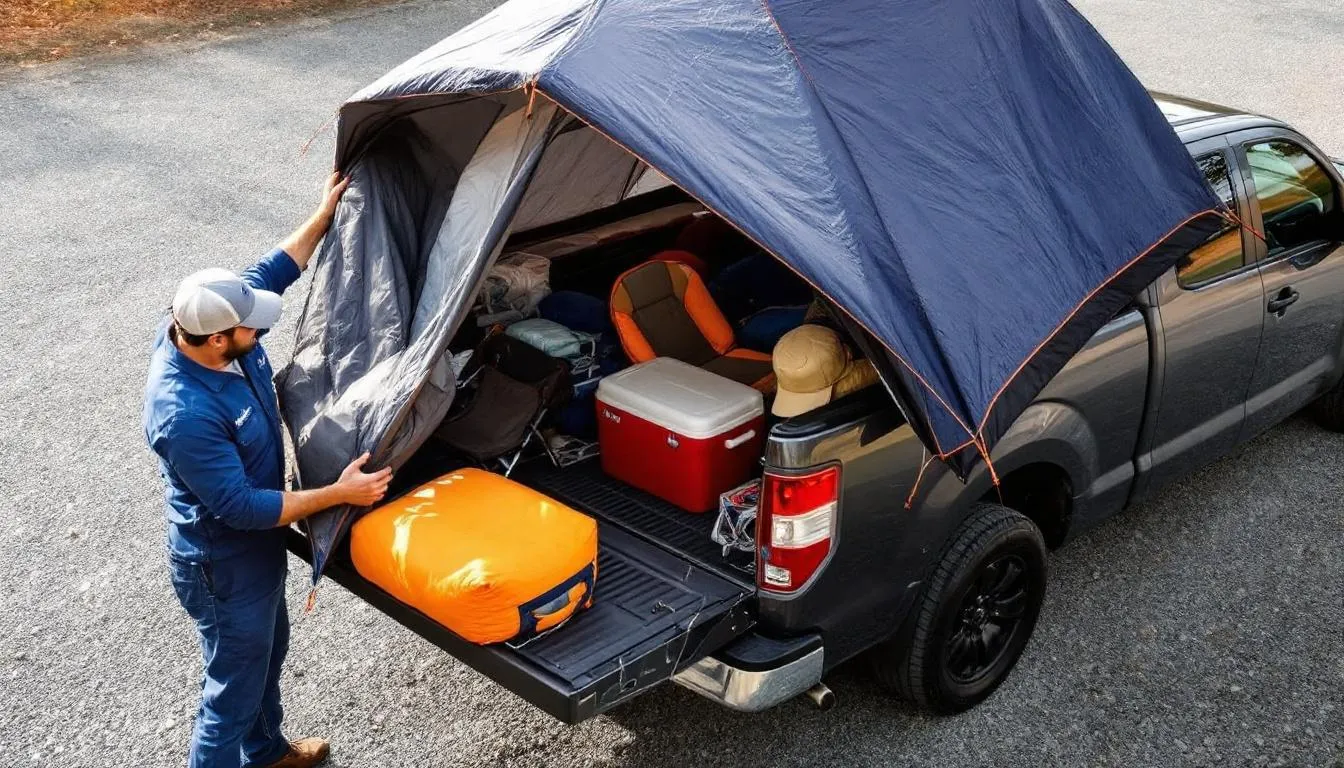 A truck owner is loading camping gear into the standard bed of a pickup truck, showcasing the truck's bed size and cargo capacity. The scene highlights the convenience of using a truck's bed for hauling outdoor equipment, emphasizing the importance of choosing the right bed size for various needs.
