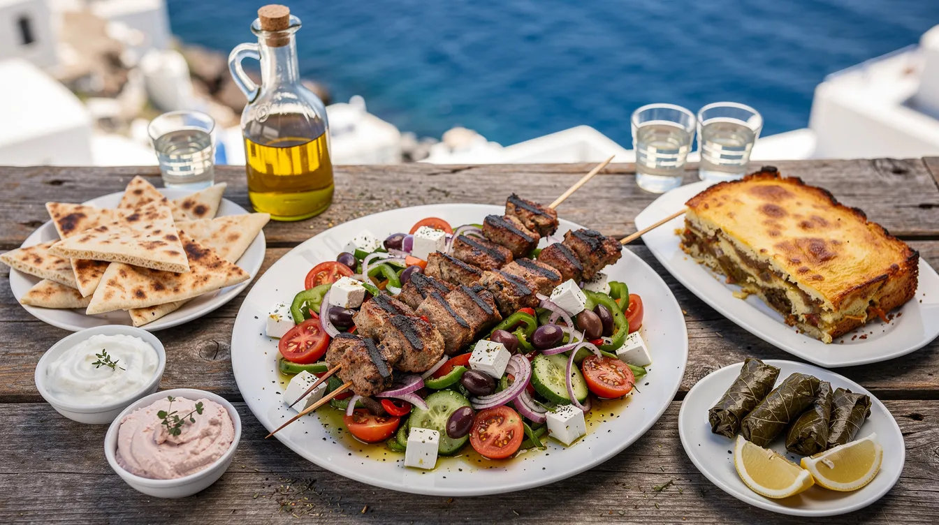 Imagem de uma mesa repleta de pratos típicos da culinária grega, como moussaka, tzatziki e salada grega, rodeada por elementos que remetem à Grécia, como azeite de oliva e ervas aromáticas. Essa variedade de sabores é uma verdadeira experiência da cultura mediterrânea, ideal para quem deseja explorar a gastronomia da Grécia antiga.