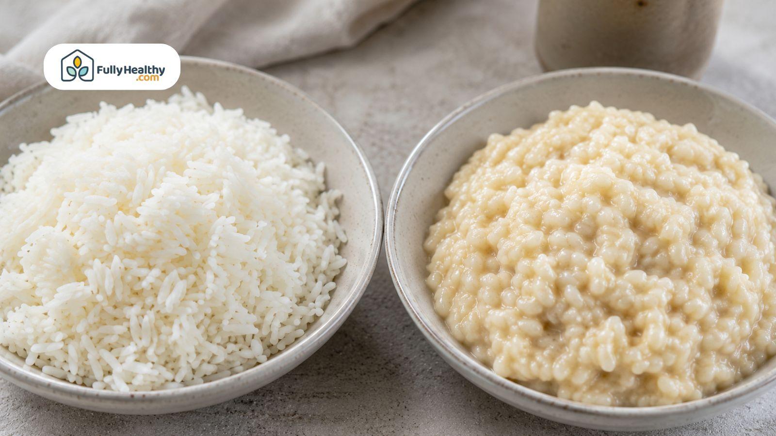 Plain cooked rice and creamy risotto served side by side.
