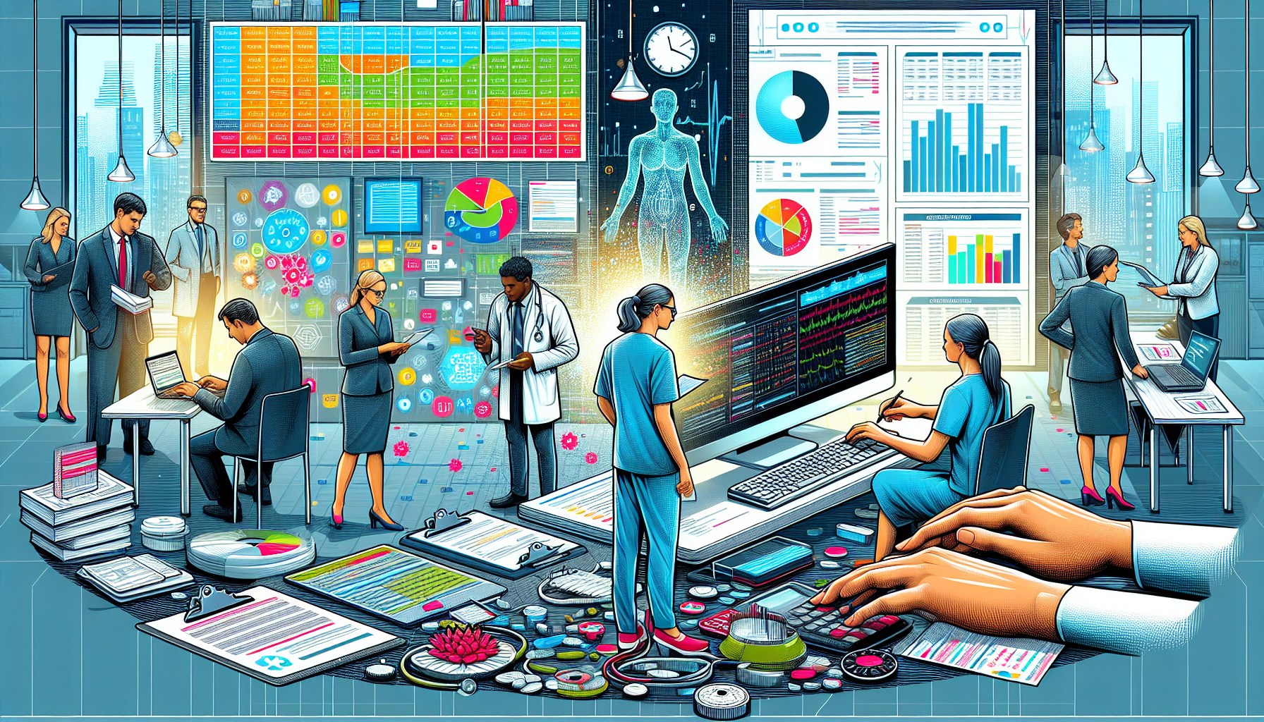 An illustration depicting various career opportunities in medical billing and coding, showcasing different job roles.