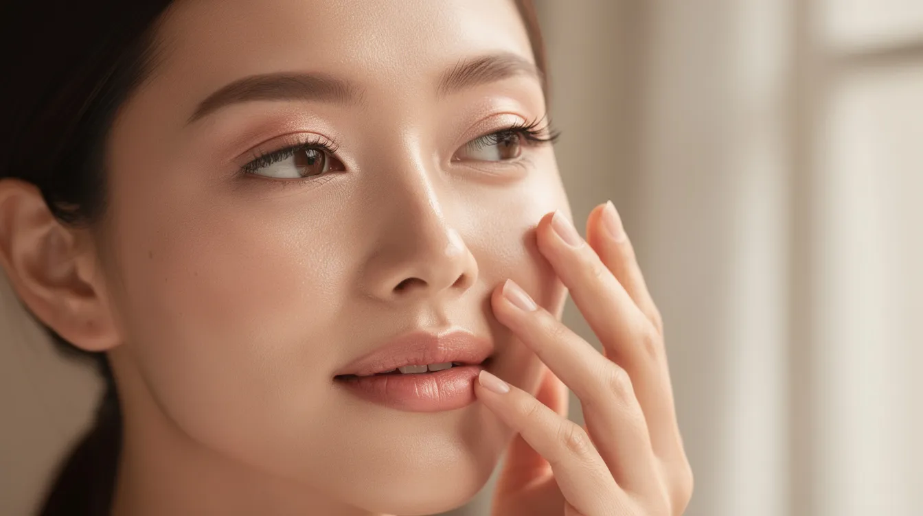 A person is gently touching their clean, glowing face, illuminated by soft natural light, reflecting the healing process after a CO2 laser treatment. The skin appears healthy and radiant, showcasing the benefits of laser resurfacing and proper post-care instructions.