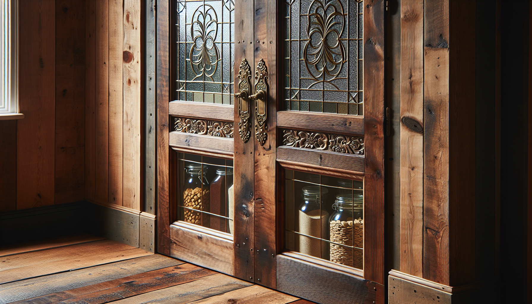 Vintage-inspired glass pantry door with reclaimed wood and antique hardware