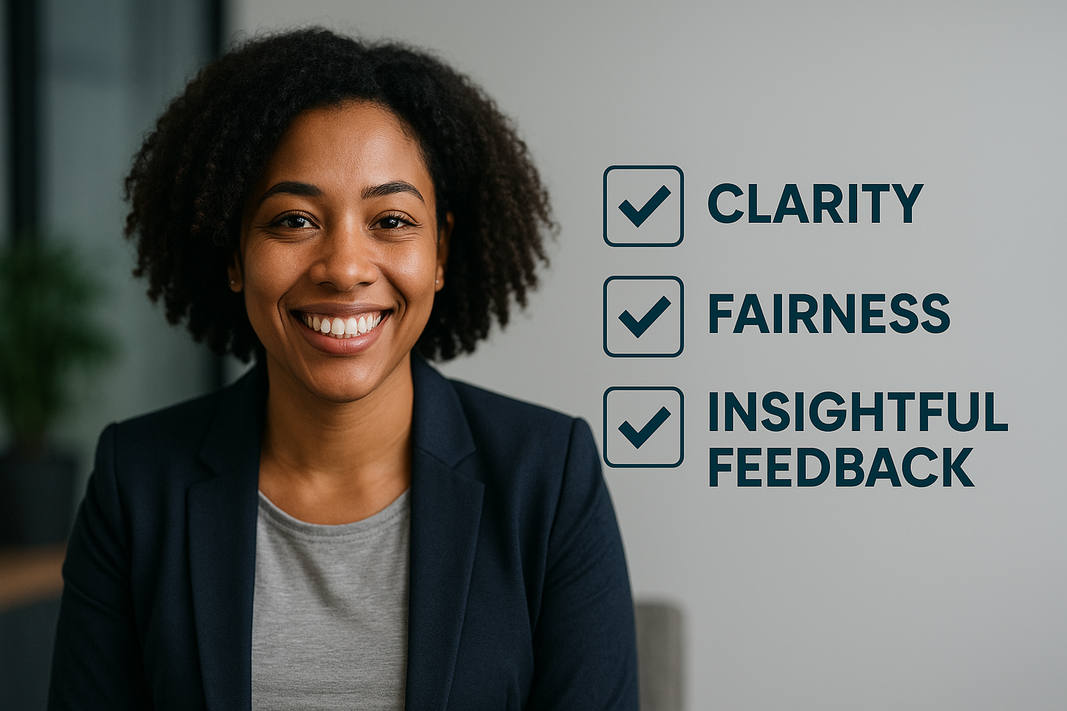 Smiling job candidate in a navy blazer sitting in a modern office after an interview. On the right, checkmark icons highlight key interview qualities: “Clarity,” “Fairness,” and “Insightful Feedback.” Clean, professional composition reflecting a positive candidate experience.