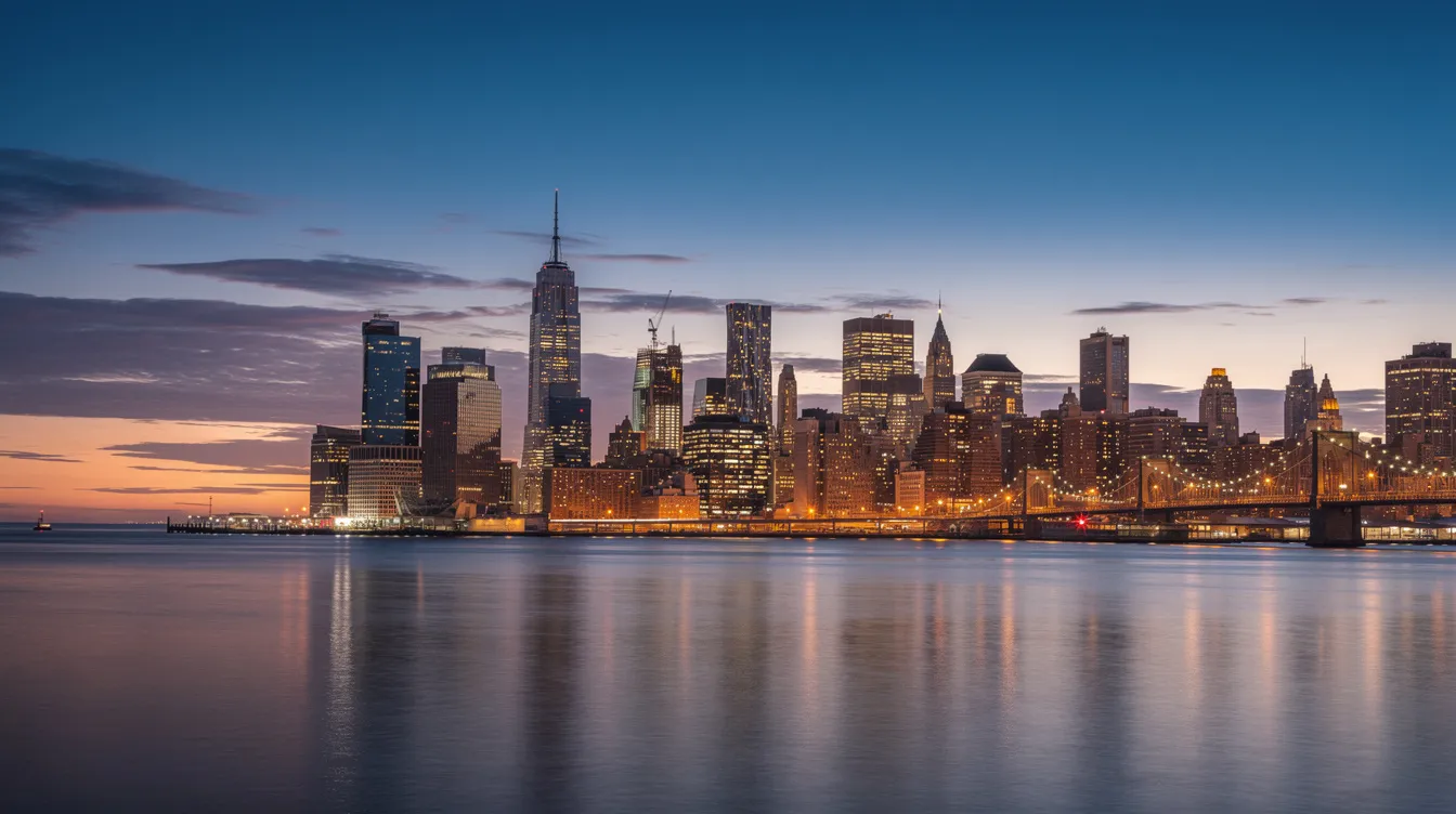 The image depicts the New York City skyline at dusk, illuminated by warm lighting that casts a golden hue over the buildings. This vibrant scene reflects the dynamic energy of the city, symbolizing personal growth and the supportive environment found in group therapy sessions for mental health.