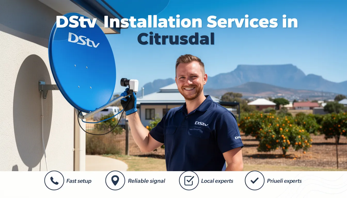 The image showcases professional DStv installation services in Citrusdal, featuring accredited technicians working on satellite dish installation and decoder setup. The scene emphasizes high-quality workmanship and reliable service for both residential and commercial clients, ensuring excellent customer satisfaction.