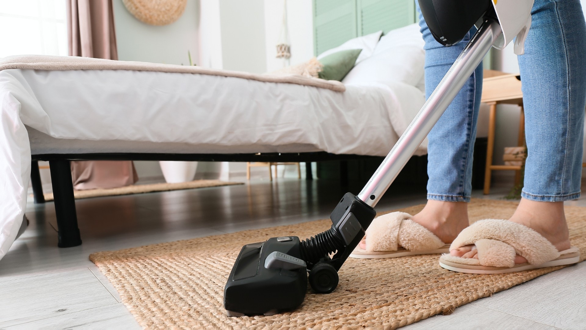 A person cleans their bedroom rug with a vacuum to help prevent bed bugs.