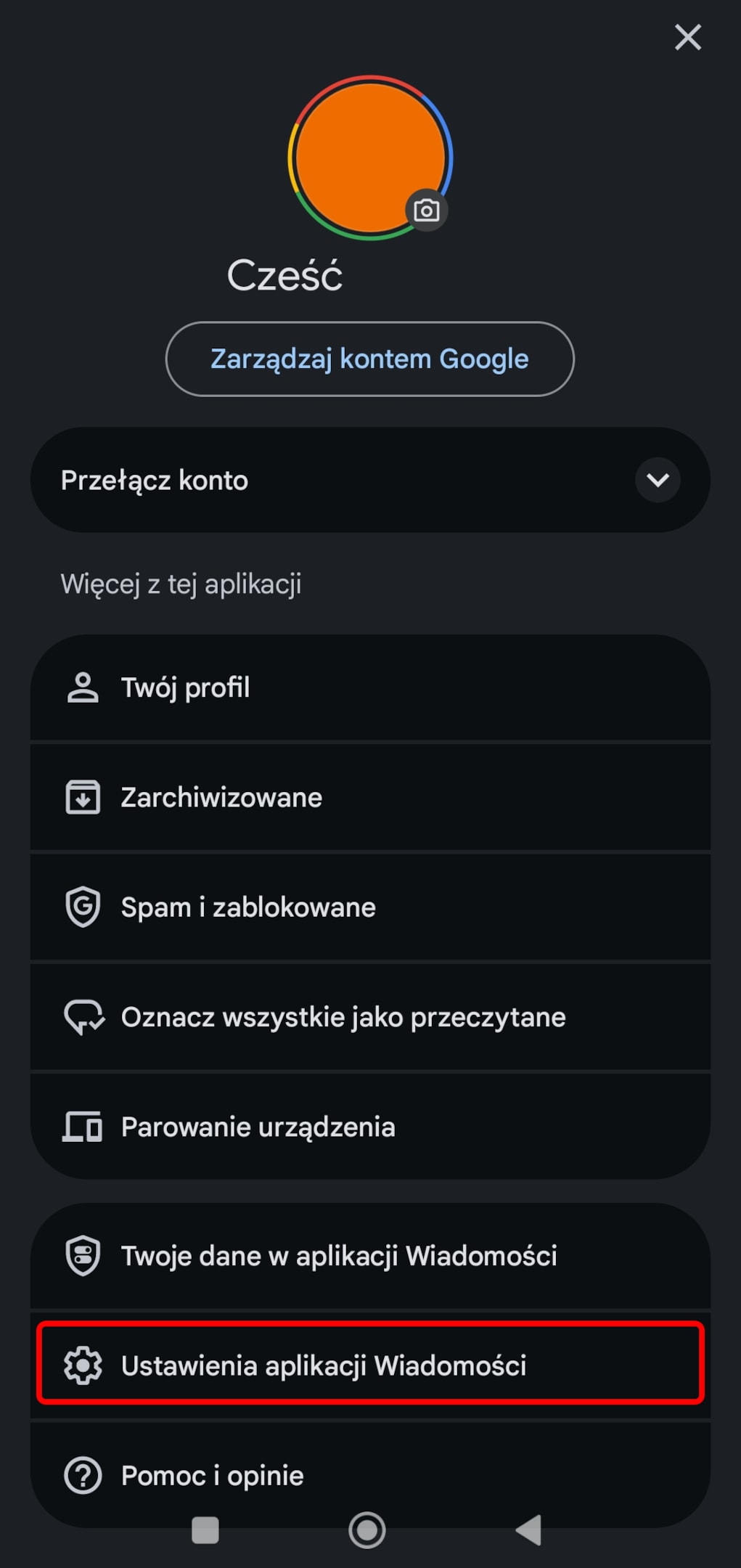 Zrzut ekranu telefonu z systemem Android — ustawienia konta Google w aplikacji Wiadomości