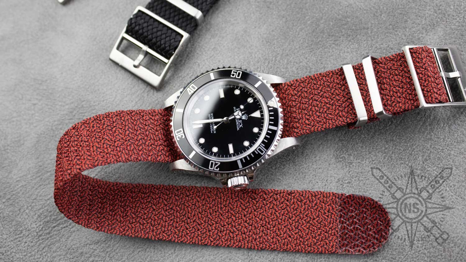 A variety of perlon watch straps displayed in different colors and styles.