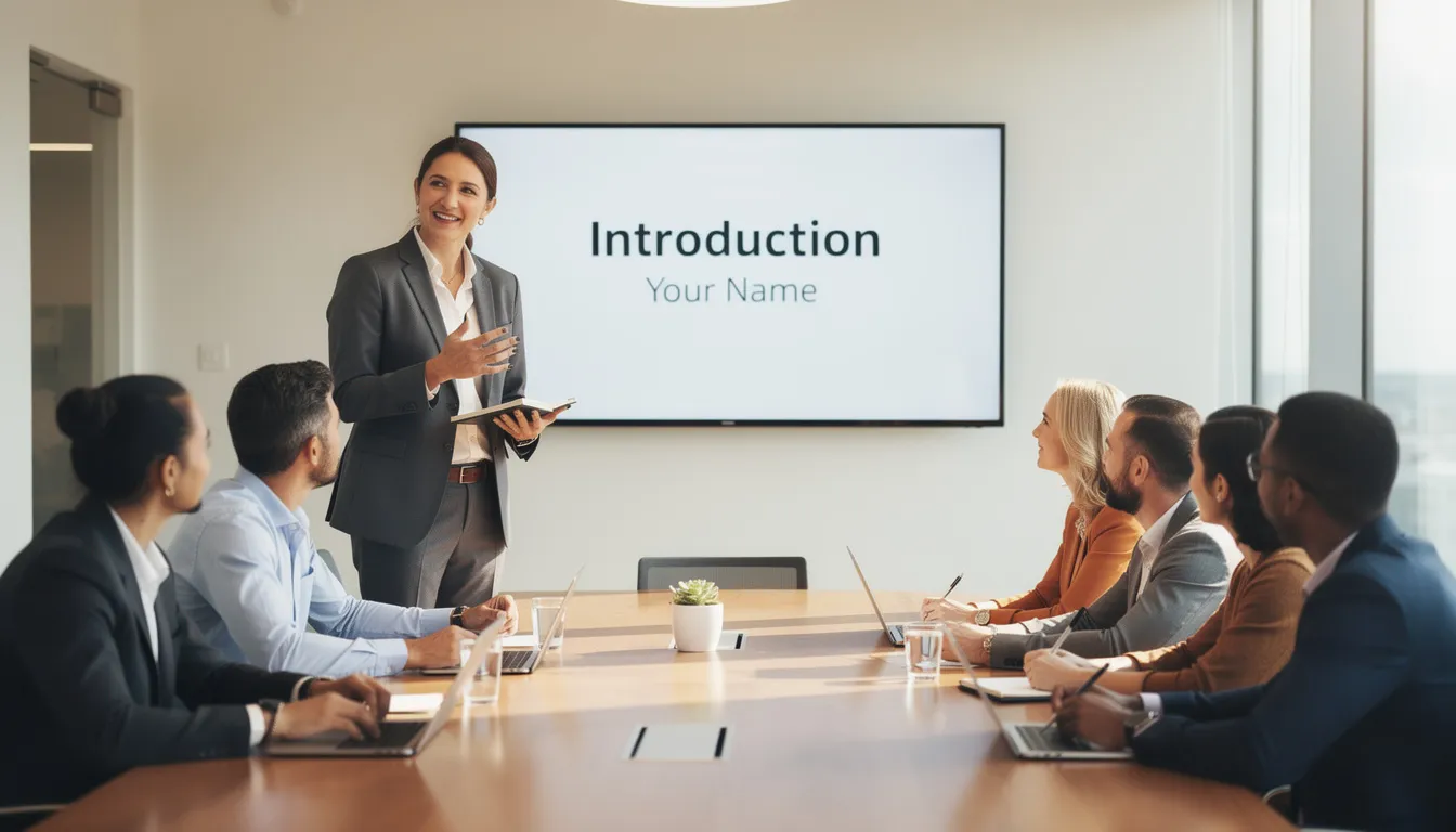Das Bild zeigt eine Person, die sich in einem Meeting vorstellt. Sie spricht über ihren Namen, ihre Herkunft und ihr Sprachniveau in Deutsch, während die anderen Teilnehmer aufmerksam zuhören und eventuell Fragen stellen.