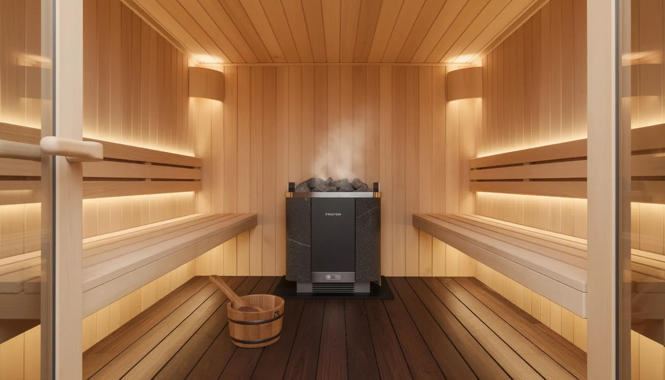 The image depicts the interior of a premium wooden sauna cabin featuring modern heater elements designed for infrared sauna therapy. This serene space promotes relaxation and health benefits, including improved circulation and muscle recovery through the use of red light therapy and infrared heat.
