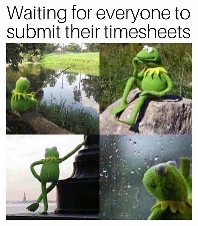 Contemplative Kermit timesheet meme showing manager waiting for team members to submit their timesheets before payroll submission.