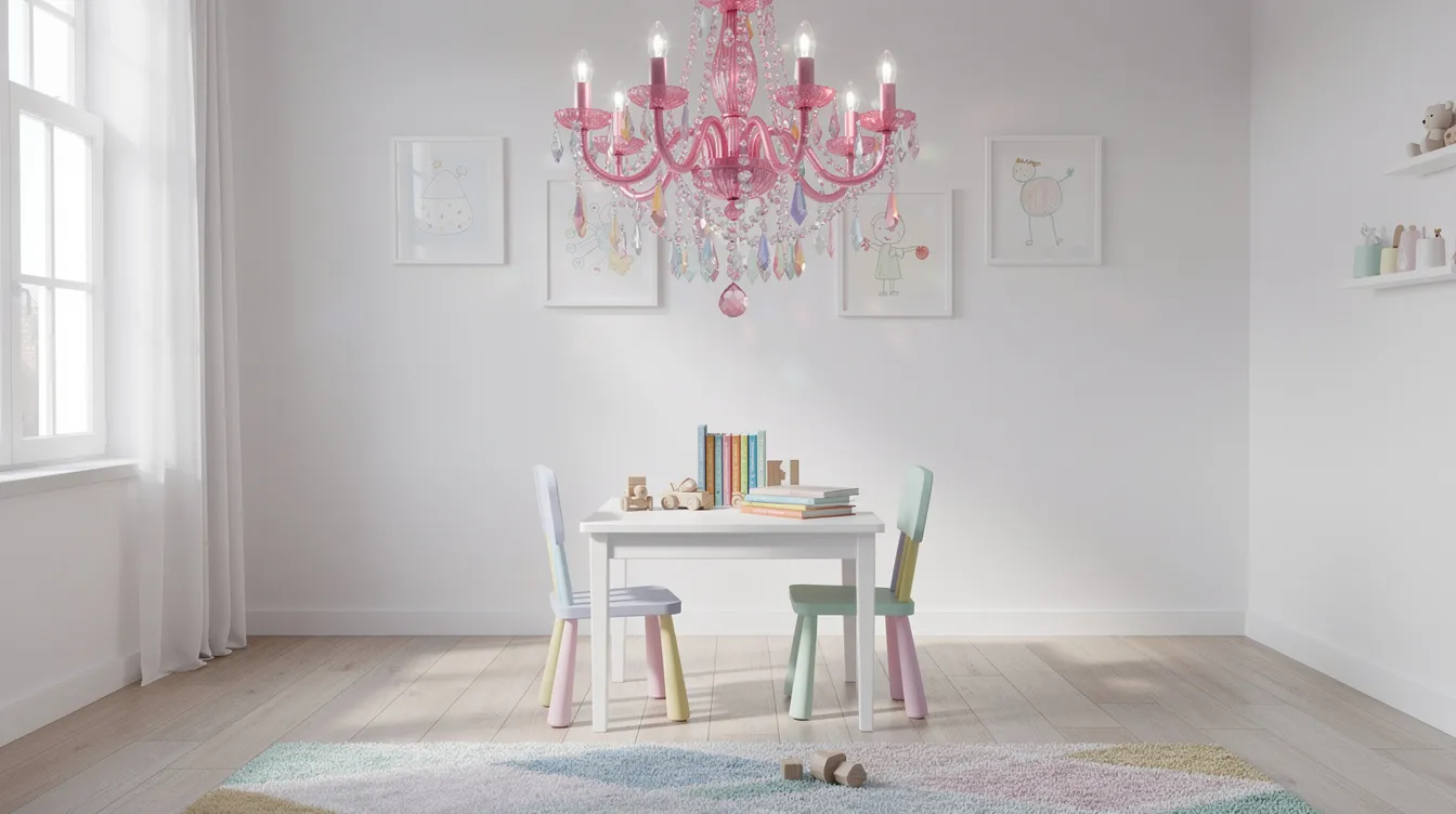 En färgglad rosa kristallkrona hänger i ett ljust barnrum, där den sprider ett mjukt och vackert ljus genom sina prismor. Den moderna takkronan skapar en lekfull atmosfär med sina olika färger och är en exklusiv detalj i rummet.
