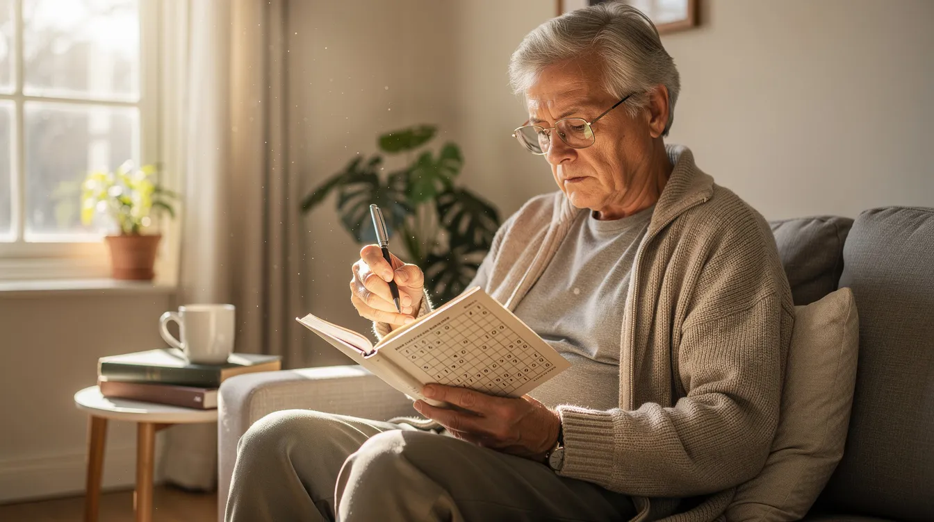 An older adult is deeply focused on reading or solving a puzzle in a bright, well-lit environment, showcasing the importance of cognitive engagement for brain health and mental clarity. This scene emphasizes the role of lifestyle factors in promoting healthy aging and combating chronic diseases.