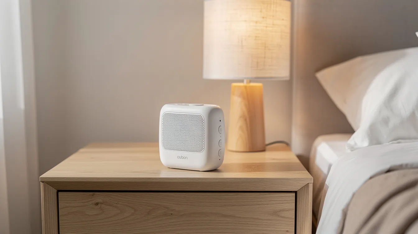 A modern white sound machine sits on a wooden bedside table next to a lamp, designed to create soothing sounds like white noise or gentle ocean waves, helping to enhance deep sleep and improve sleep quality by masking disruptive environmental sounds. This steady hum can be a valuable addition to your nightly routine, promoting relaxation and making it easier to fall asleep faster.
