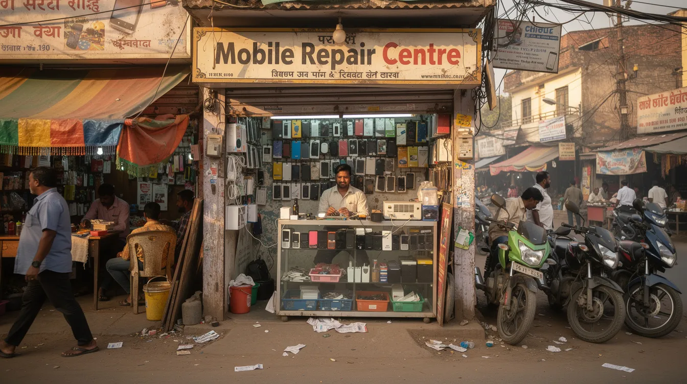 The image depicts a small mobile phone repair shop nestled in a bustling Indian market area, surrounded by various stalls and vendors. The shop is likely frequented by local entrepreneurs seeking financial assistance for their businesses, possibly under the Pradhan Mantri Mudra Yojana, which supports small finance banks and micro units development.