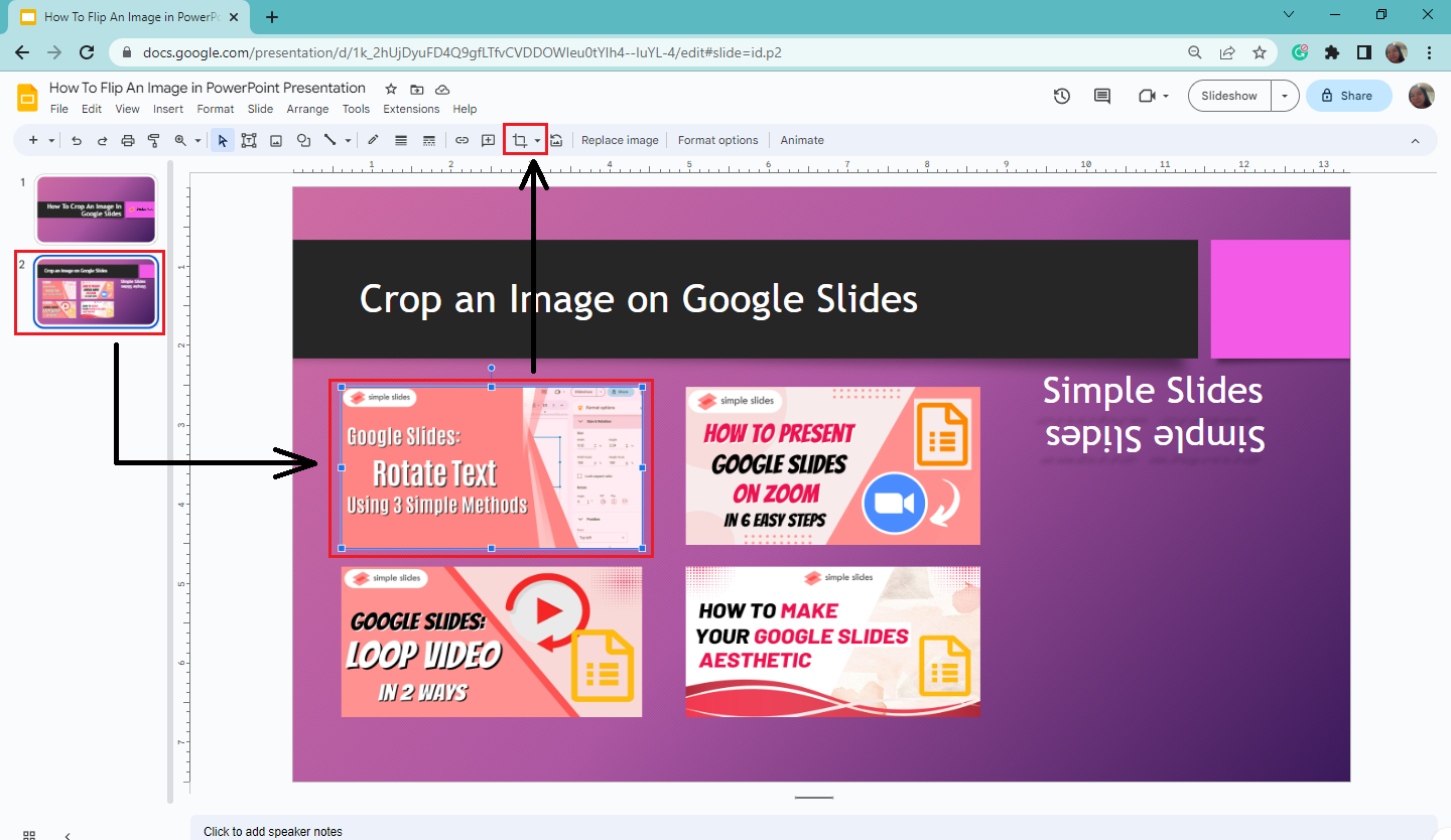 Select a specific slide and click the image you want to crop. Then click the crop icon.