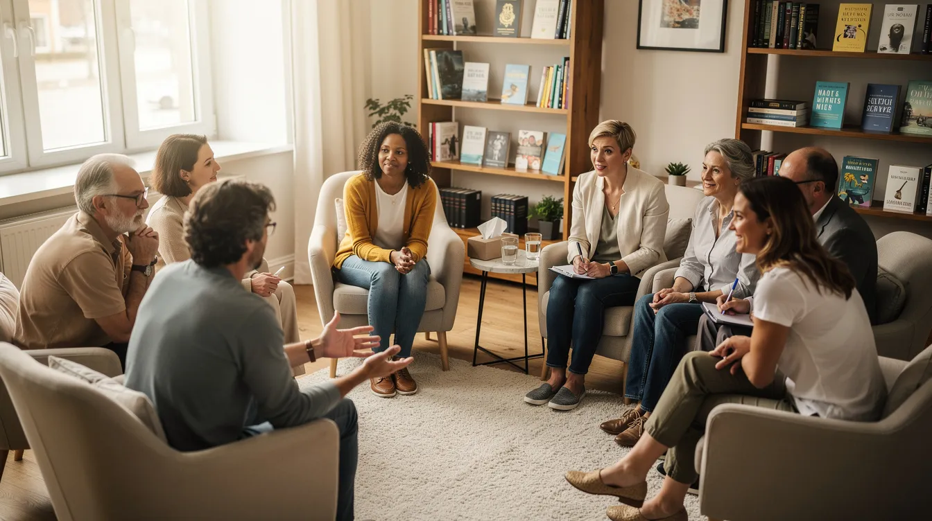 A diverse group of people sits in a circle, engaged in a therapy or support group session, actively discussing relationship problems and focusing on healthy communication skills. Their body language and eye contact indicate a mutual respect as they share personal experiences and seek specific advice to foster meaningful dialogue and connection.