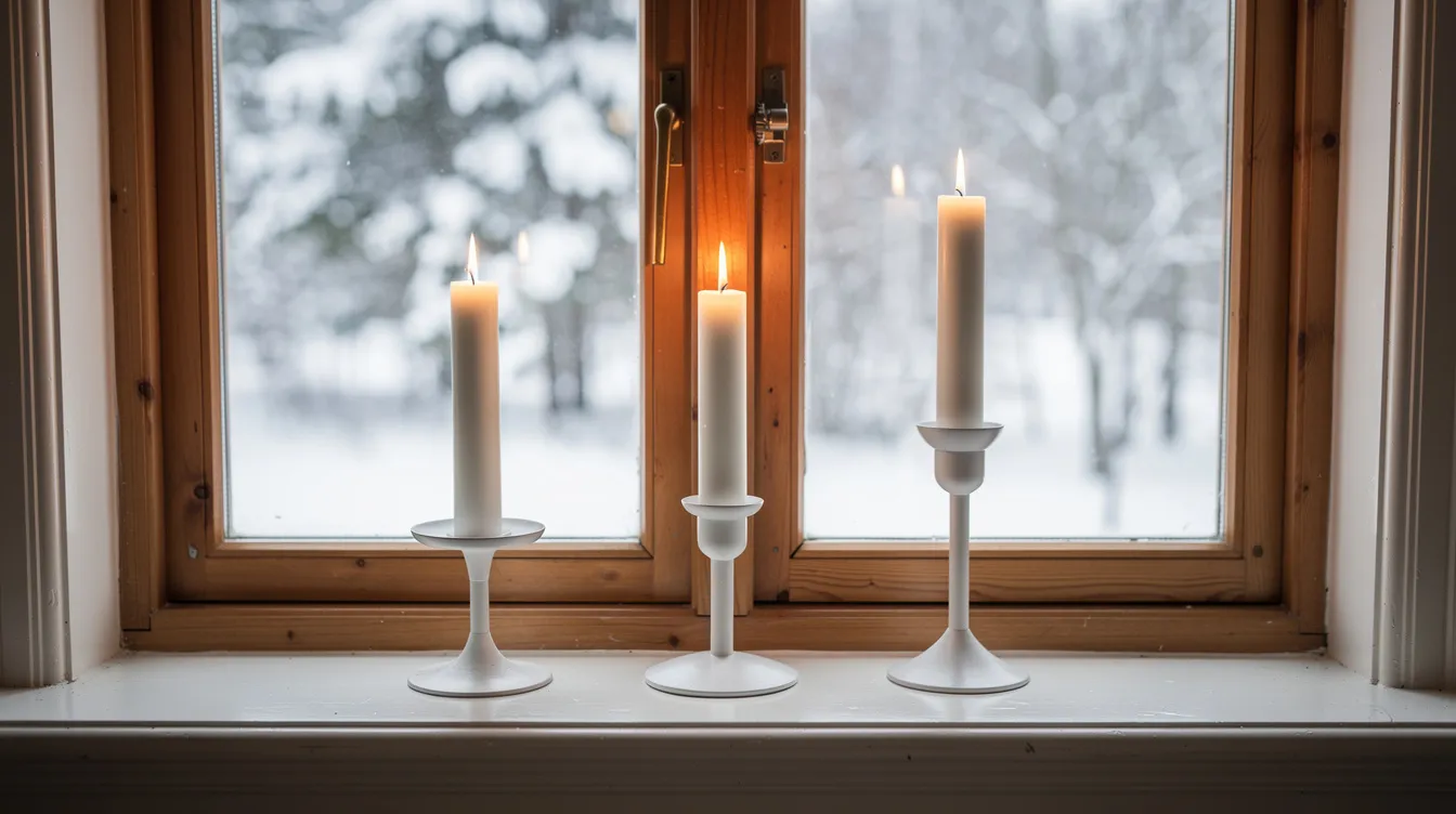 En fönsterbräda pryds av tre ljusstakar i olika höjder, med vita stearinljus som sprider ett mjukt sken. Utanför fönstret syns ett snöigt landskap, vilket skapar en inbjudande atmosfär i hemmet.