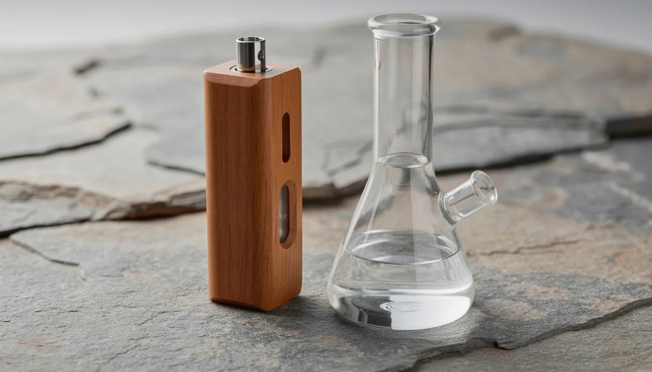 Auf der natürlichen Steinoberfläche liegt ein Holz-Vaporizer neben einer Glas-Wasserpfeife. Das Gerät, möglicherweise ein Dynavap Vong, ist für das Vaporizern von Materialien konzipiert und bietet eine ansprechende Kombination aus Design und Funktionalität.