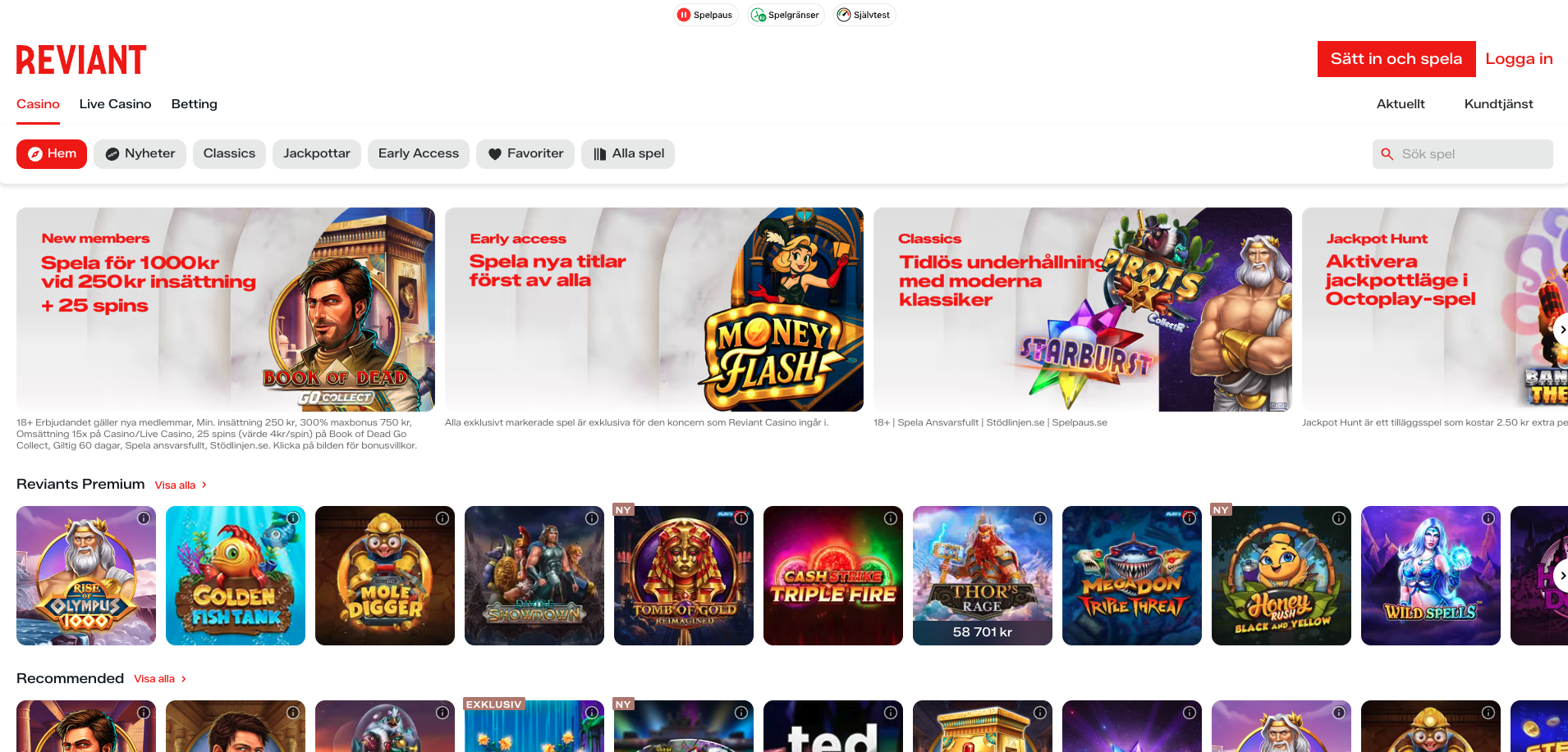 Reviant casino lobby med slots och bonus – nytt online casino med svensk licens, free spins, snabba uttag och spel via Swish och Trustly