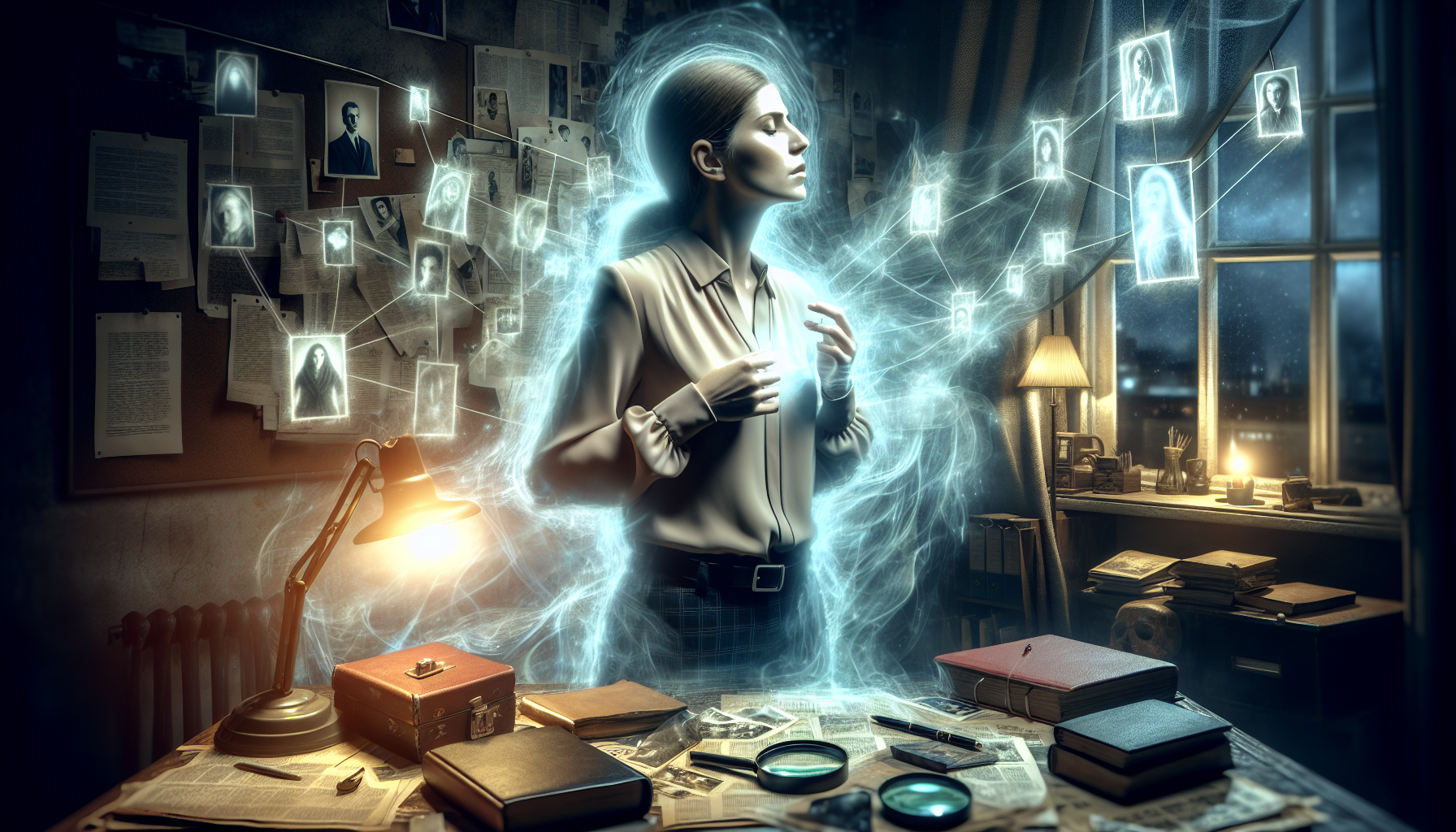 Illustration of a psychic detective using paranormal powers to solve crimes