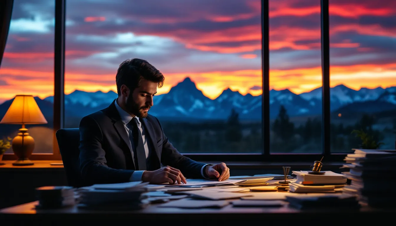 An attorney is working late at night, surrounded by stacks of paperwork as they file a workers compensation claim on behalf of an injured worker. In the background, a scenic Colorado sunset adds a warm glow to the scene, highlighting the dedication to securing fair compensation for workplace injuries.