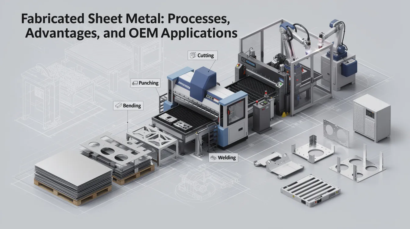 The image showcases various sheet metal fabrication techniques, including laser cutting and metal bending, used to create custom sheet metal parts. It highlights the advantages of using materials like stainless steel and carbon steel, emphasizing their corrosion resistance and suitability for industrial applications.