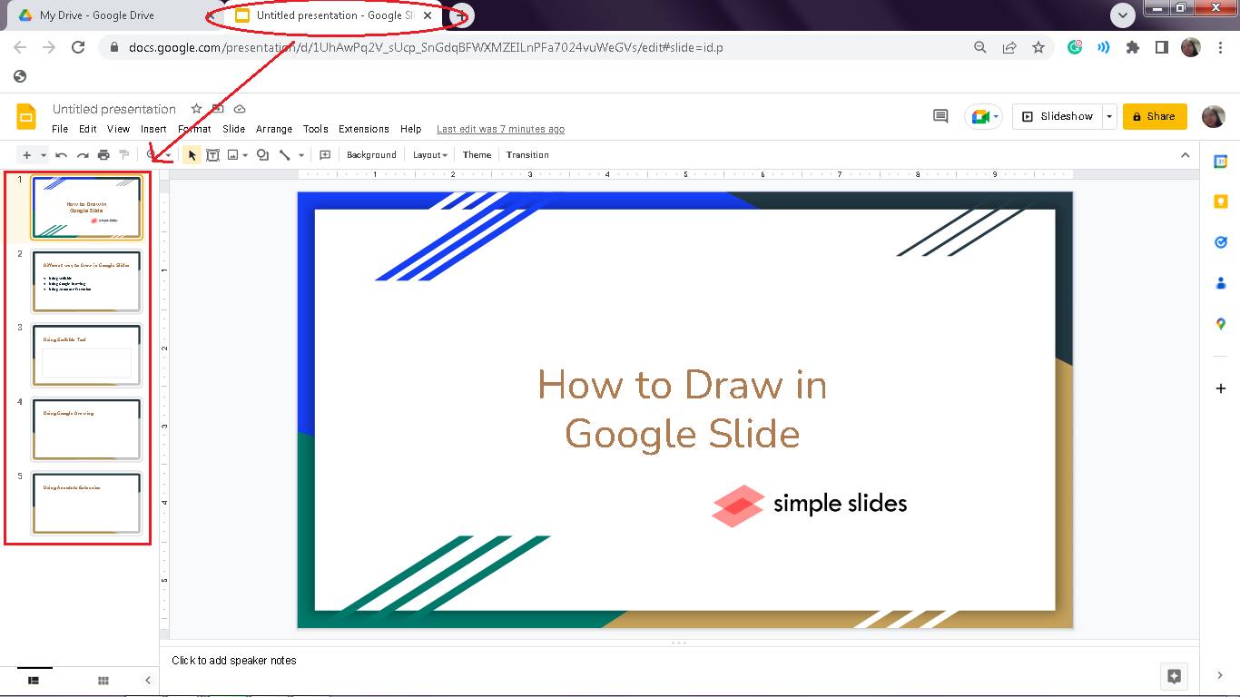 In the new tab, select the specific slide where you want to draw on Google Slides