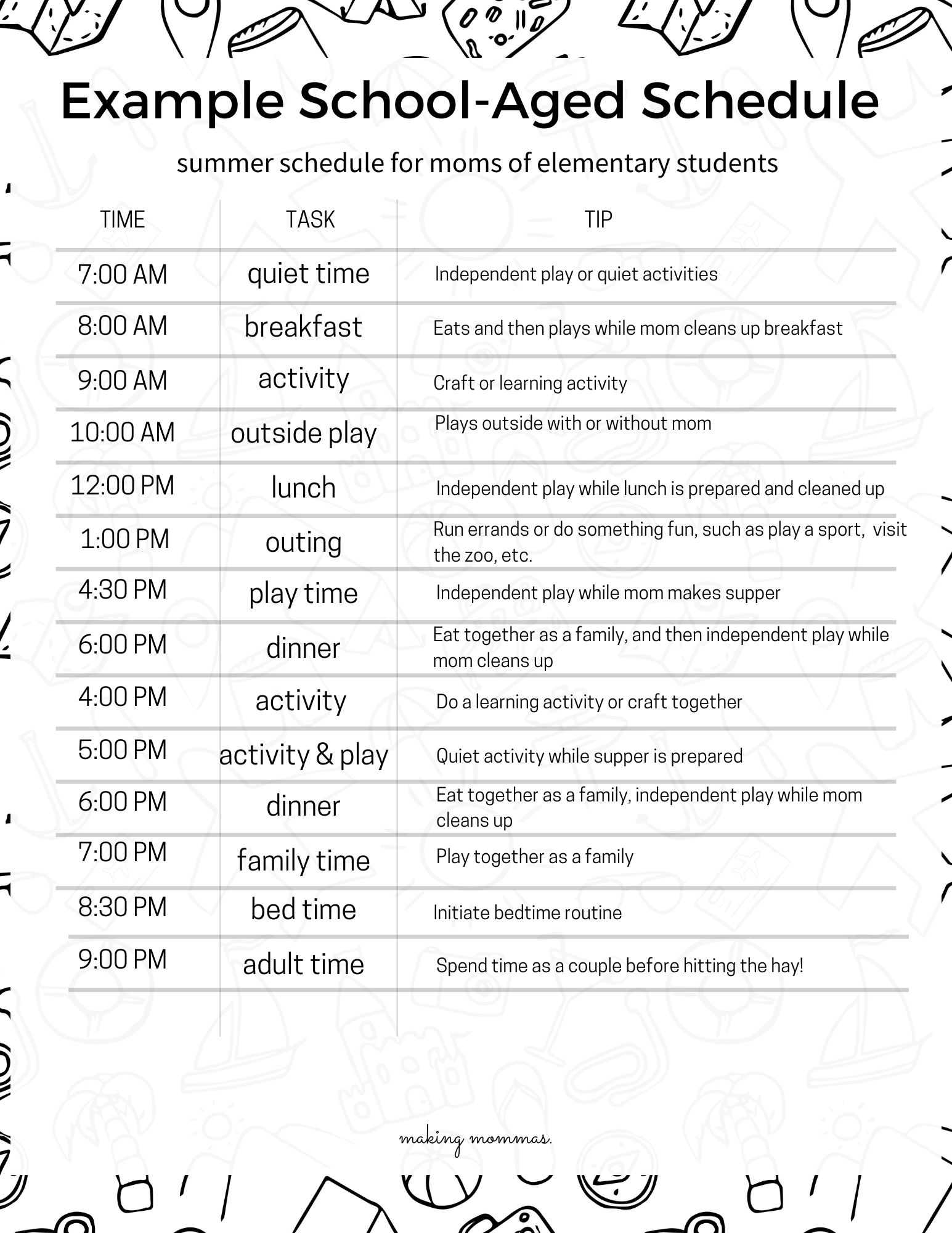 summer schedule for elementary students