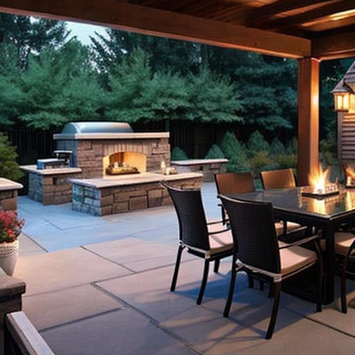 Outdoor dining, with dining table and fire pit .