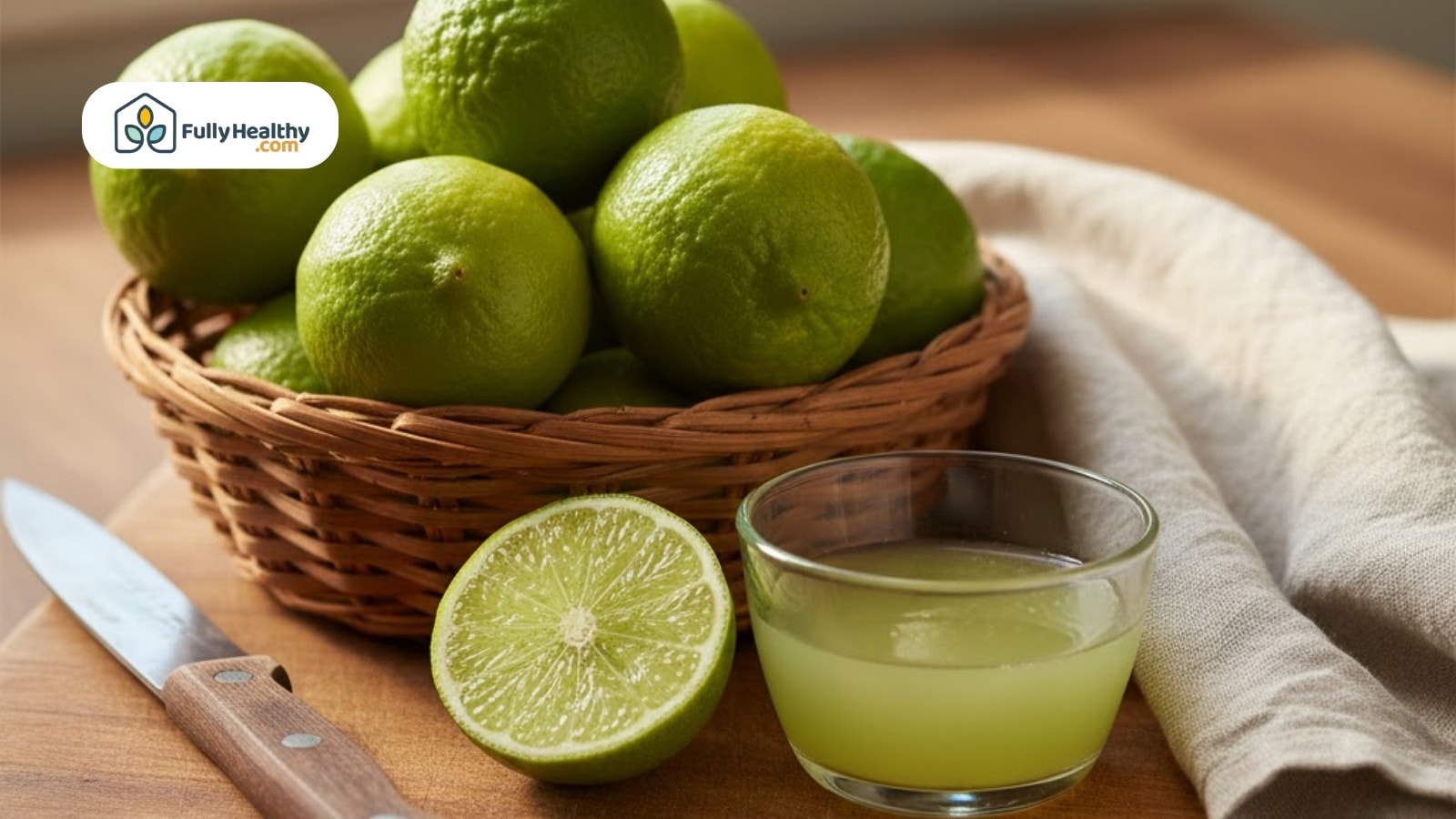 Halved lime next to glass of juice on light background with simple layout