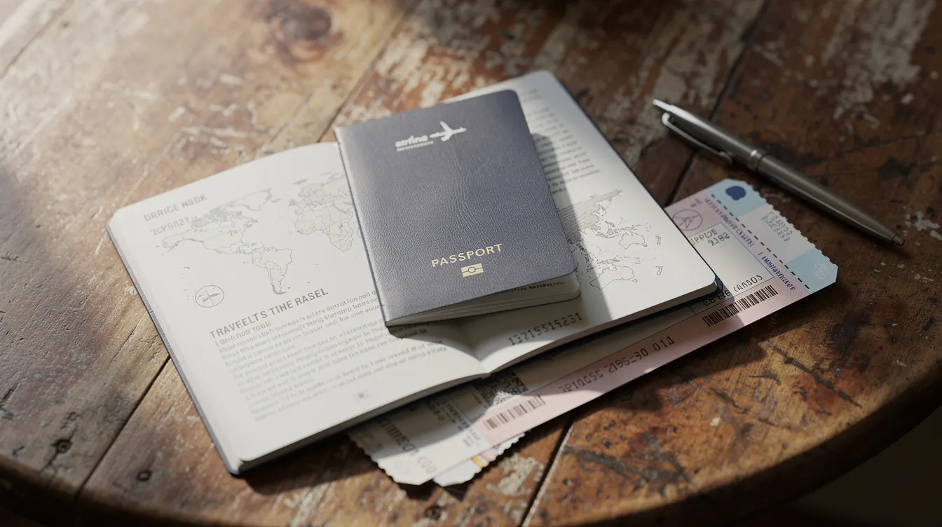 The image shows a collection of travel documents, including a passport and an international driving permit booklet, spread out on a wooden table. These documents are essential for individuals planning to drive legally in foreign countries, as they may need to carry a valid U.S. driver's license along with their international driver's license.