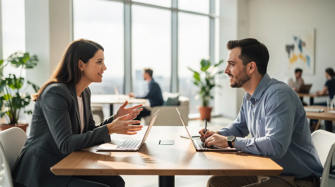 Deux professionnels discutent dans un espace de travail collaboratif lumineux, l'un d'eux prenant des notes sur une feuille. Cette scène illustre l'importance du développement des compétences managériales et de la communication au sein d'une équipe, favorisant ainsi la mise en place d'un environnement de travail efficace.