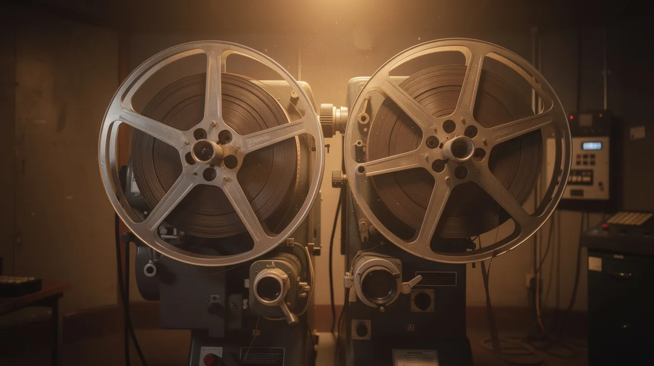 Der Kinovorführraum ist in warmem Licht beleuchtet und zeigt zwei große 35mm-Filmprojektoren nebeneinander, an denen jeweils eine große Metallspule mit aufgerolltem Film befestigt ist. Die Szene vermittelt eine nostalgische Atmosphäre, die an die Zeiten der klassischen Filmvorführungen erinnert.