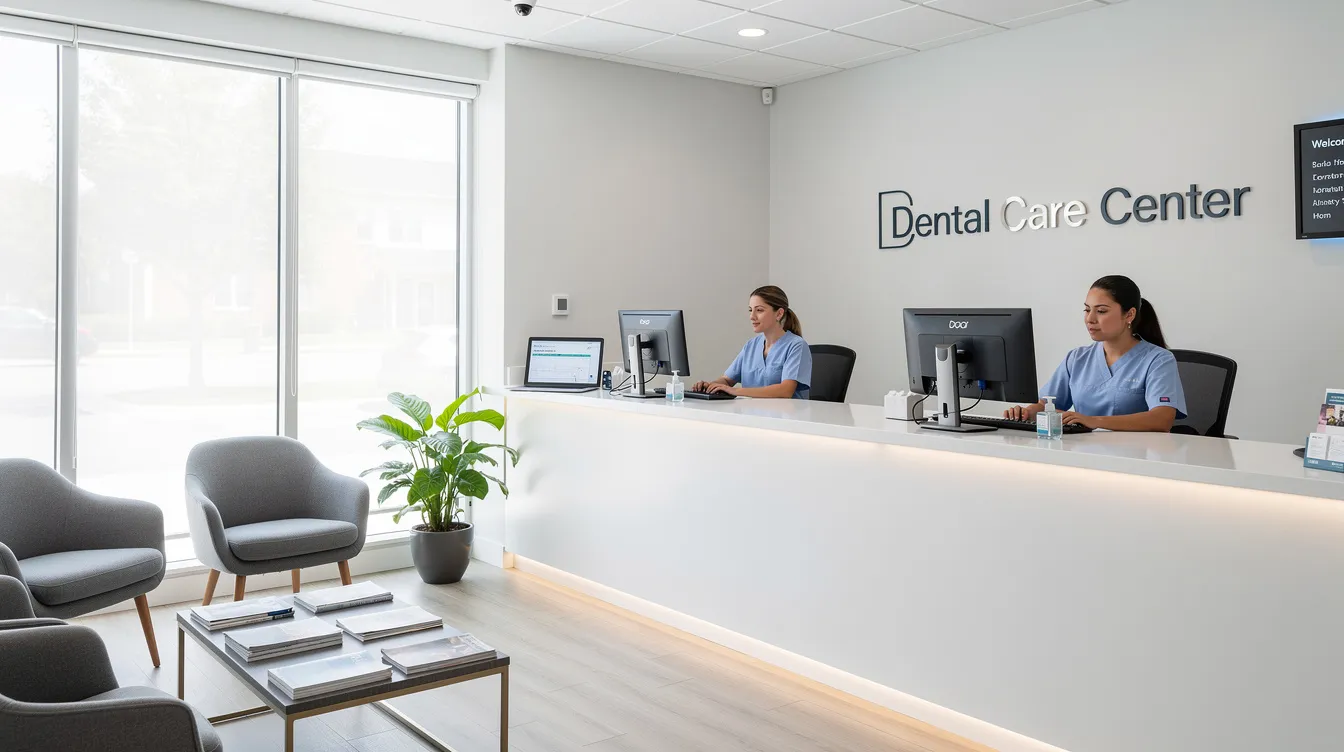 The image depicts a modern dental office reception area, where staff members are efficiently working at computer stations, managing patient billing and insurance claims. This welcoming environment reflects the streamlined operations of a dental billing company, emphasizing the importance of patient care and administrative efficiency in the dental industry.