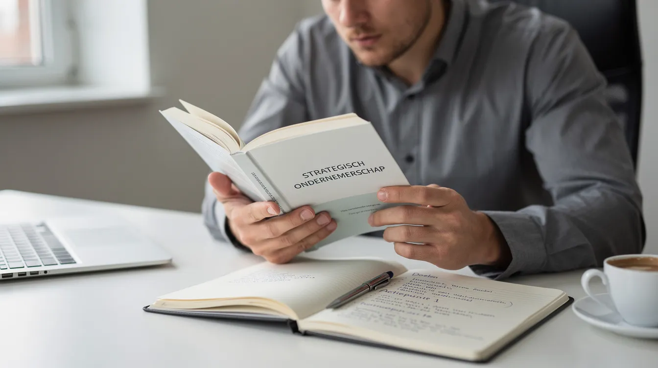 Een ondernemer leest geconcentreerd een boek over leiderschap aan een opgeruimd bureau, met een notitieboek ernaast voor aantekeningen. Deze setting benadrukt de focus op persoonlijke groei en strategische planning in een snel veranderende wereld.