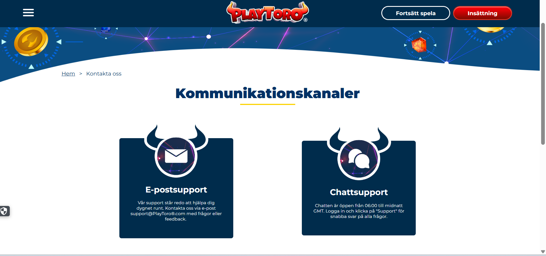 PlayToros kundtjänst med e-postsupport och chattsupport.