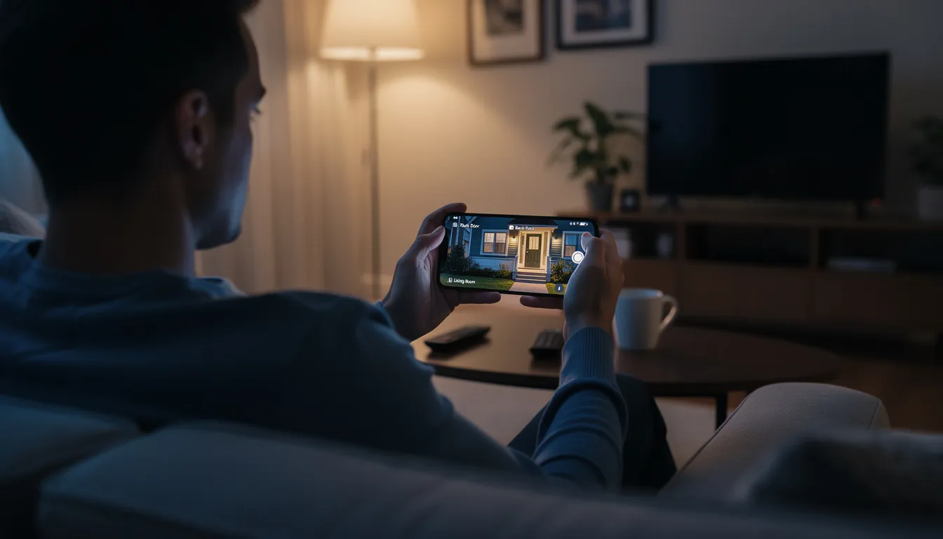 A person is sitting comfortably at home, viewing live security camera footage on their smartphone, showcasing the convenience of remote access to their security camera system. This scene highlights the importance of monitoring services for both residential and commercial properties, ensuring peace of mind and protection against intruders.