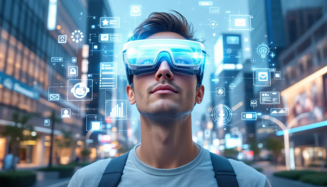 The image depicts a futuristic landscape where digital objects seamlessly coexist with physical environments, illustrating the concept of spatial computing that bridges the digital and physical worlds. Advanced technologies like augmented reality and virtual reality are showcased, highlighting immersive experiences that enhance real-world environments through integrated visual augmentation systems.