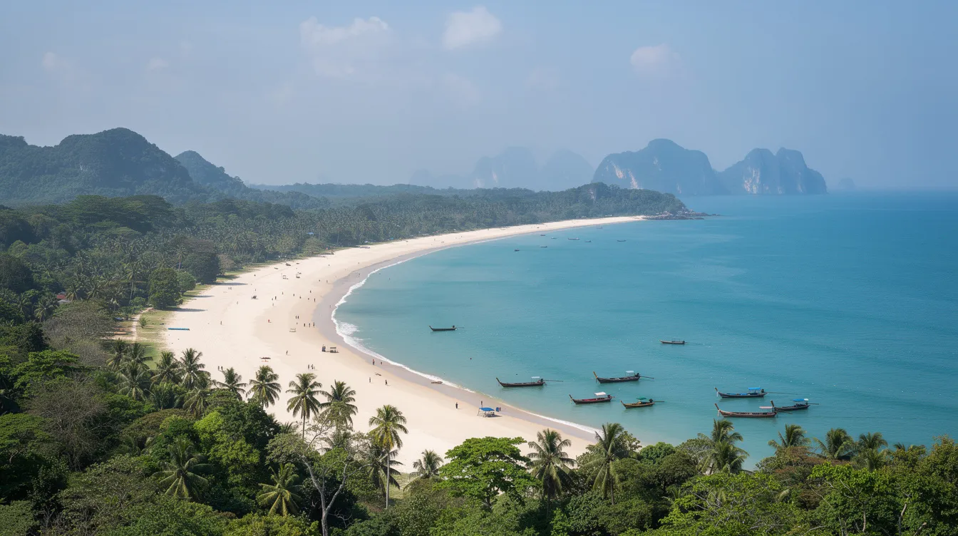 A imagem mostra uma praia na Tailândia vista de longe, com águas cristalinas e areias brancas, cercada por palmeiras e montanhas ao fundo. É um cenário paradisíaco que remete a viagens relaxantes e férias em um dos países mais belos do mundo.