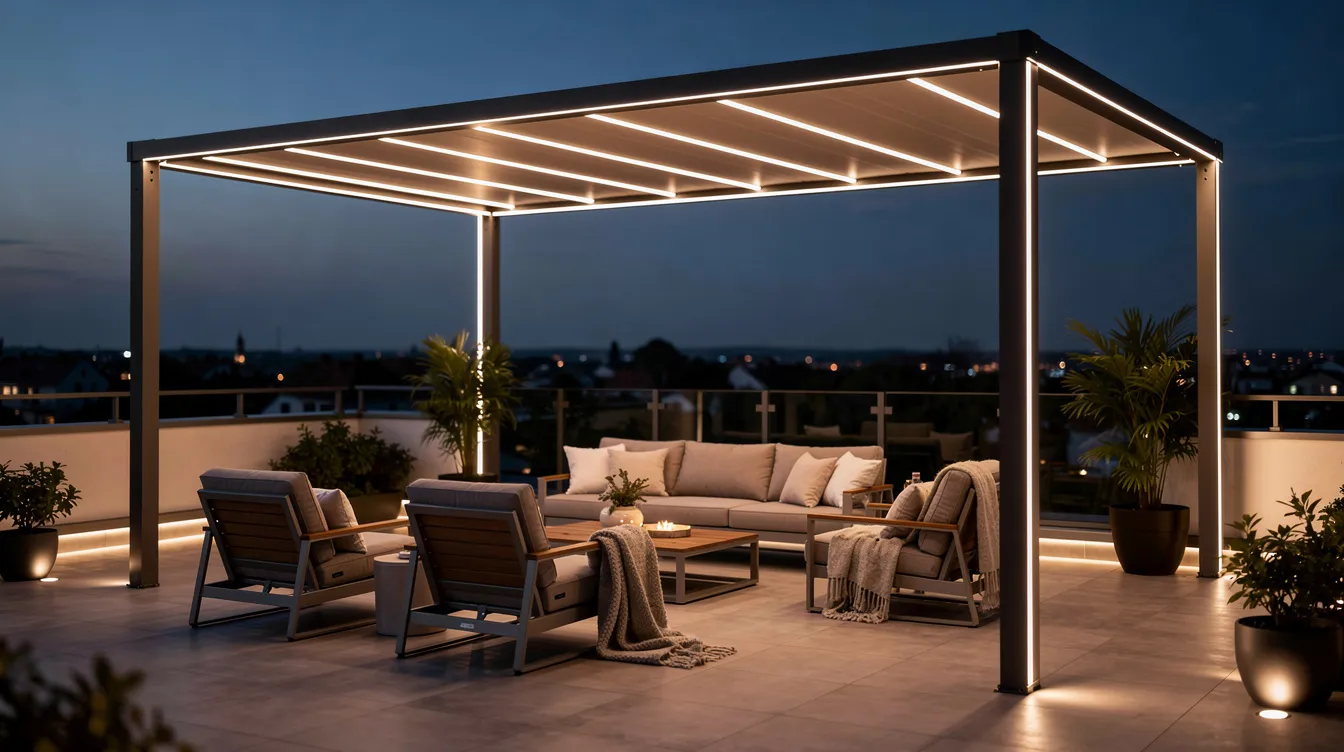 Une terrasse élégamment éclairée en soirée, ornée de lumières LED, se trouve sous une pergola moderne. Le mobilier confortable invite à la détente, créant un espace agréable pour profiter des soirées d'été.