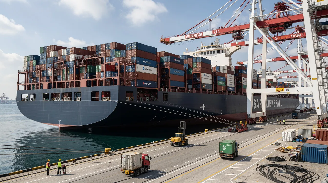A large cargo ship is docked at a bustling international port, surrounded by cranes and containers, highlighting the busy nature of global trade. This scene reflects the importance of services like international money transfers, which can be facilitated by banks such as Tamilnad Mercantile Bank, serving customers in India and beyond.