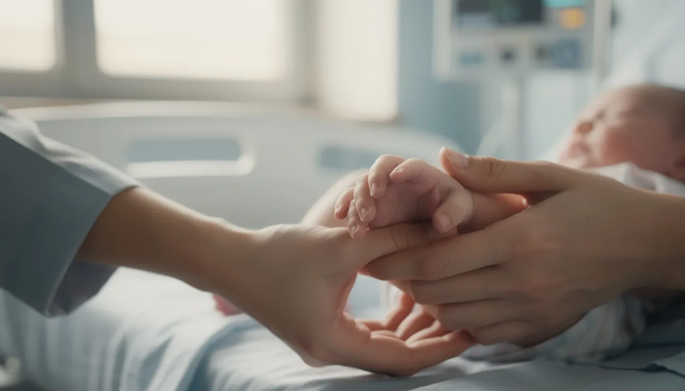A tender moment is captured as a parent gently holds their newborn baby's hand in a hospital setting, symbolizing the beginning of a new life and the importance of medical care during this vulnerable time. This image reflects the emotional connection between parent and child, highlighting the critical role healthcare professionals play in ensuring safe and healthy births, which is essential in preventing medical malpractice incidents.